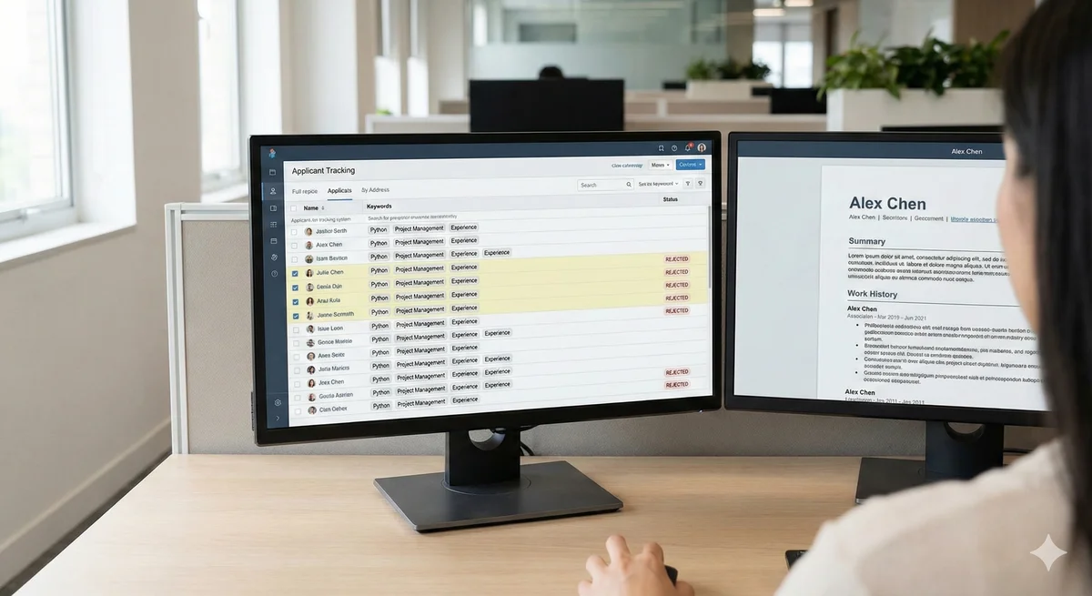 Recruiter laptop showing rejected CVs