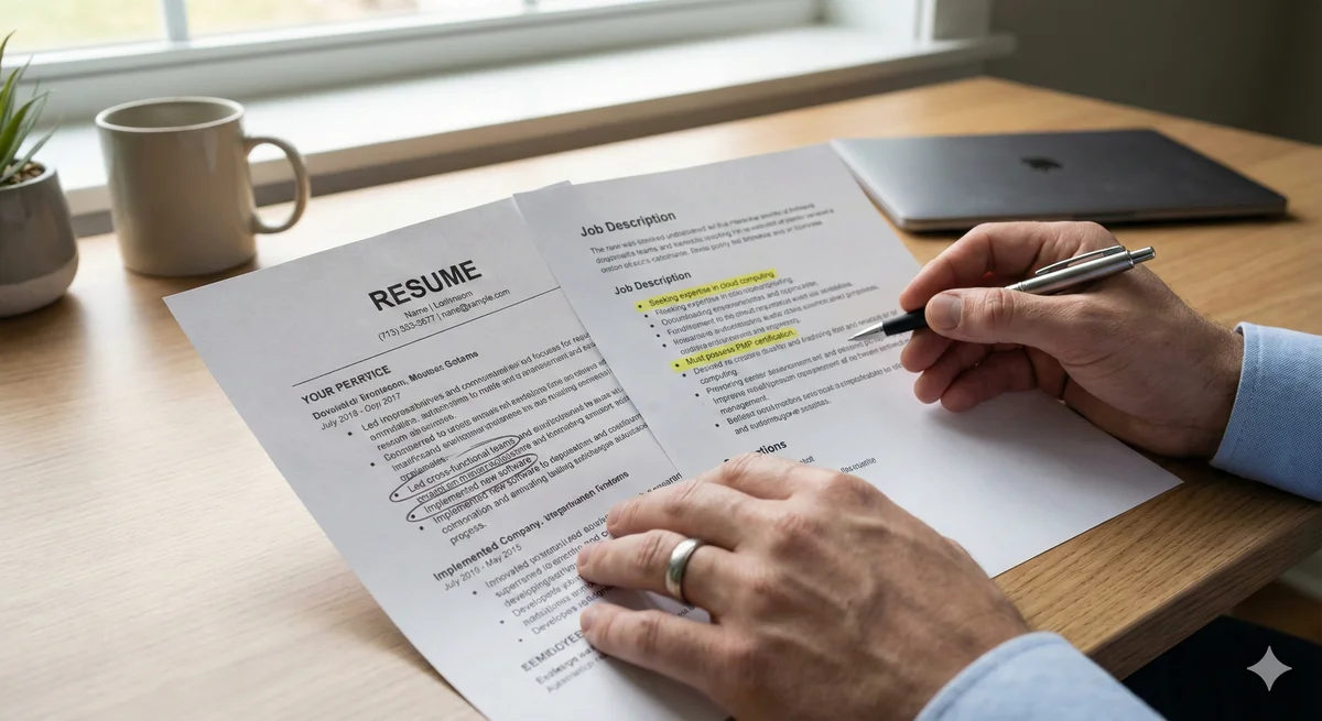 Recruiter at desk with job description and resume side by side