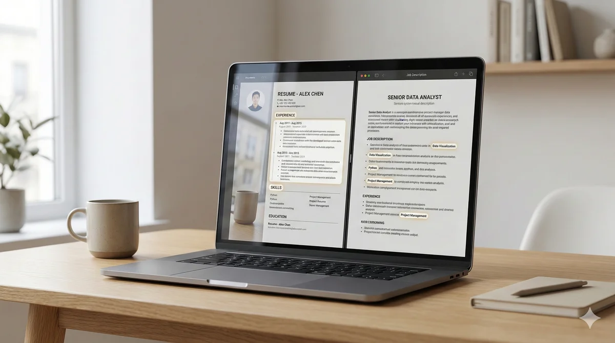 Recruiter reviewing CV on laptop and taking notes