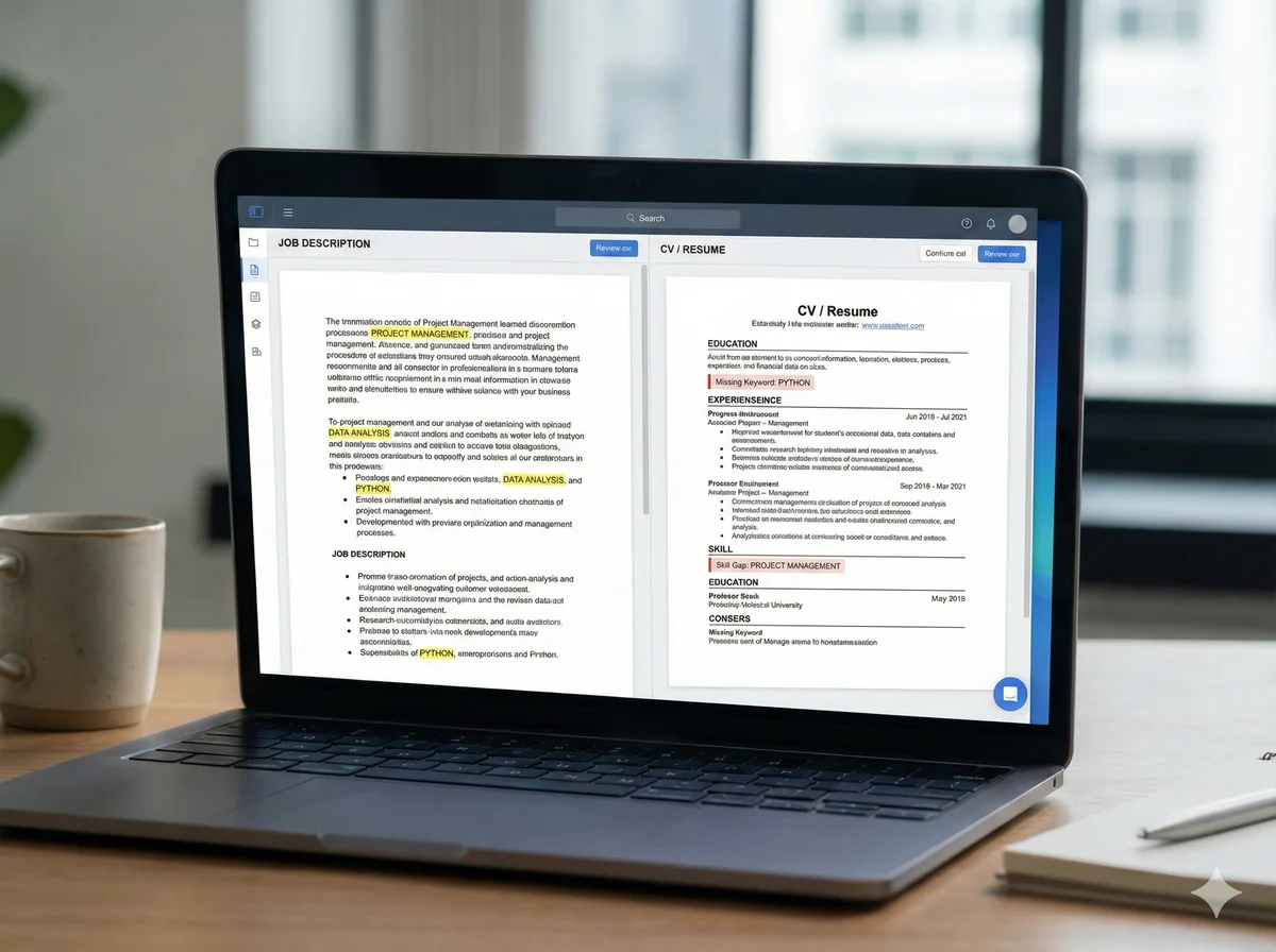 Split screen showing job description keywords versus CV with missing keywords